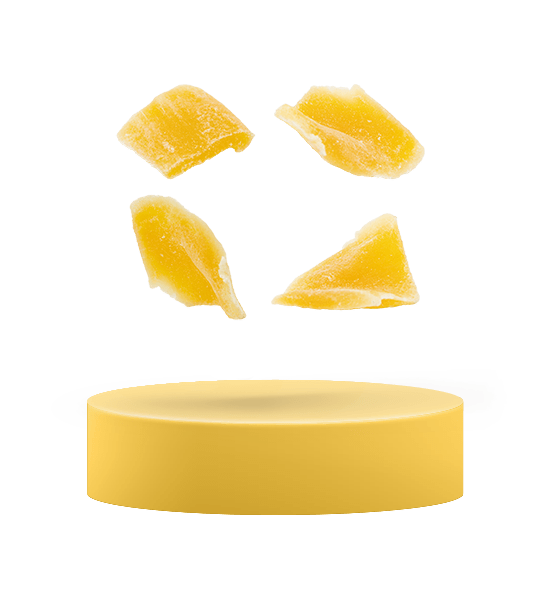 dried mangoes levitating on a podium